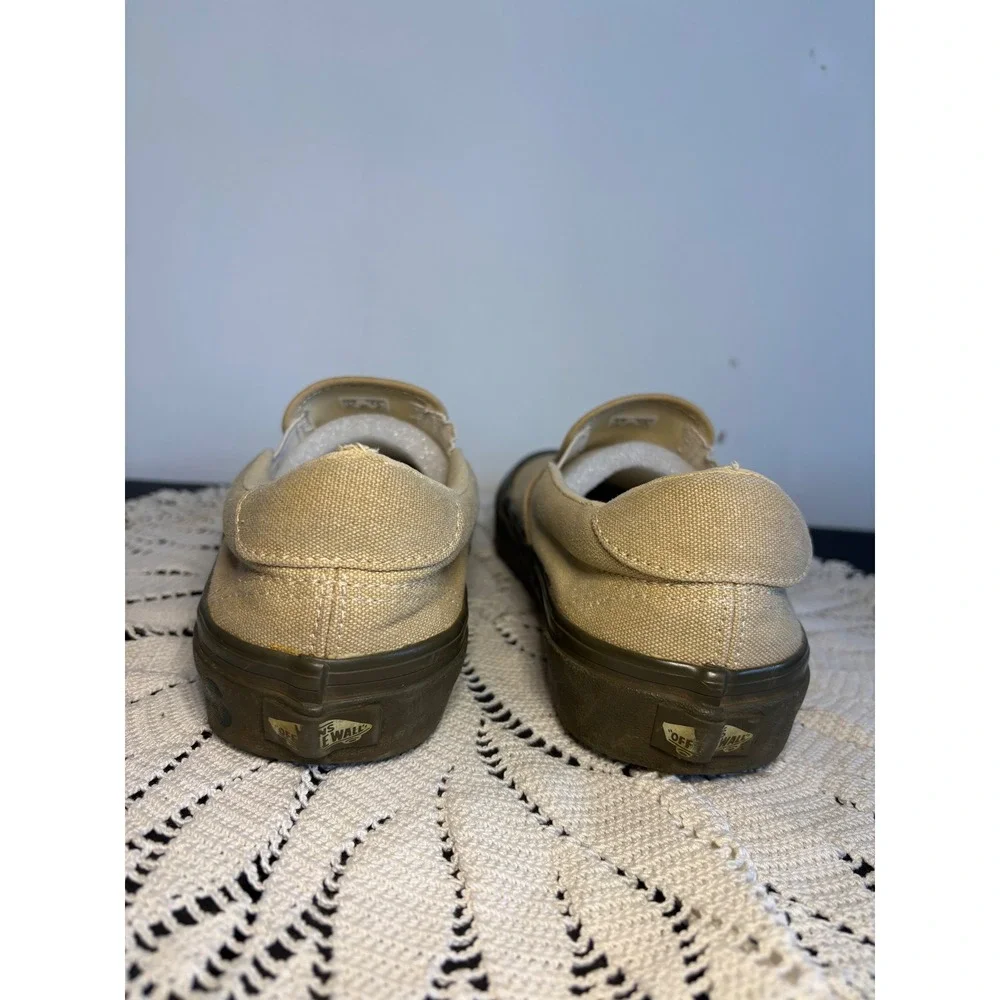 Vans Slip-On VSK66 Tan Khaki Canvas Sneakers Olive Green Sole Mens 7.5 Womens 9